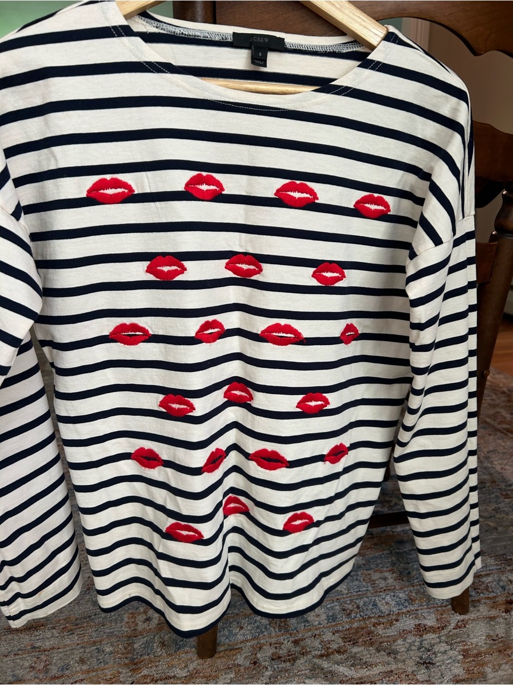 J. Crew Navy and White Striped Tee with Red Lip Embroidery